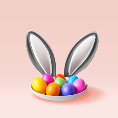 Tavşan kulaklı üç boyutlu renkli paskalya yumurtaları. Paskalya bayramı yumurtası ve tavşan kulak ikonu yap. Bahar tatili, kutlama kartı tasarımı. Paskalya bayramı dekorasyonu. Vektör illüstrasyonu