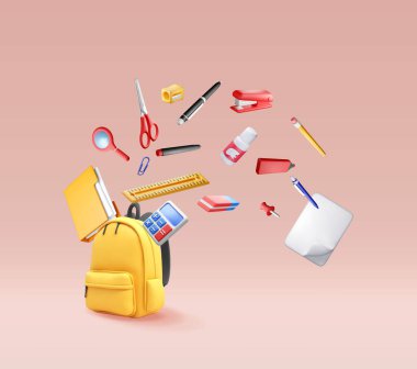 3D okul çantası kırtasiye malzemeleriyle dolu. Okul konseptine geri dönelim. Okul malzemeleri sırt çantasında. Elma, hesap makinesi, kalem cetvel. Eğitim ve öğrenim. Vektör illüstrasyonu