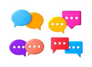 Renkli 3D sohbet balonu iletişim simgeleri mesaj noktaları ile ayarlandı. Çevrimiçi konuşma ve sosyal medya mesajları kavramı.
