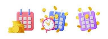 Madeni paralar ve alarm saati simgesi içeren takvim finansal planlama için ayarlandı. Randevu hatırlatma ve son teslim tarihi yönetim vektörü 3d illüstrasyon.