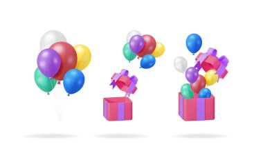 Açık bir hediye kutusunda renkli balonlar ve dışarı uçmak. Kutlama ve mutlu olay konsepti. Tasarım için 3d vektör illüstrasyonu ayarlandı.