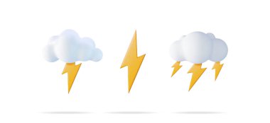Yıldırımlı beyaz 3D bulut. Hava durumu ikon kiti. Mobil uygulama veya web tasarımı için sevimli çizgi film tipi gök gürültüsü ögeleri.