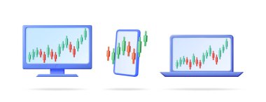 Dizüstü bilgisayarda, akıllı telefonda ve bilgisayar monitöründe 3 boyutlu karikatür şeklinde sergilenen borsa şeması. Döviz kurunun mali veri analizi.