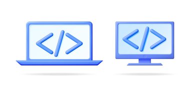 Bilgisayar ekranı ve dizüstü bilgisayarda 3d vektör kodlama sembolleri koleksiyonu. Yazılım ürünü ve web sitesi için programlama geliştirme kavramı.