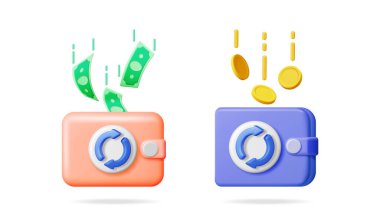 İçinde para akan üç boyutlu cüzdan simgeleri. Gelir ve gider yönetimi konsepti için mali işlem sembolleri.
