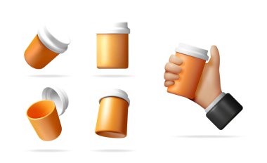 Gerçekçi 3 boyutlu ilaç şişeleri seti. Beyaz arka planda insan eli ile uyuşturucu için boş turuncu kap. Tıbbi konsept.