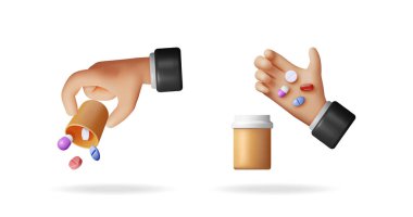 İlaçları şişeden başka bir ele, üzerinde haplar olan el koyuyor. İlaç dozajı ve reçete konsepti. 3d stok vektör illüstrasyon kümesi koleksiyonu.