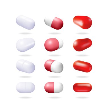 3D tıbbi kapsül ayarlandı. Vektör izole ilaç hapları ve ilaçlar koleksiyonu. Vitaminler, antibiyotikler, ağrı kesici haplar..