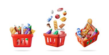Üç adet kırmızı 3d vektör sepetli resim seti, çeşitli yüzen ve tam bakkaliyeli. Market konsepti.