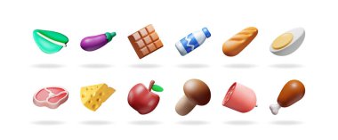 Meyve, sebze, et, ekmek ve süt ürünleri de dahil olmak üzere çeşitli besin maddelerinin 3D vektör çizimlerinin toplanması. Bakkal konsepti.