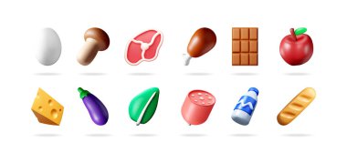 Beyaz yumurta, mantar, biftek, tavuk, çikolata, elma, peynir, patlıcan, yaprak, sosis, süt şişesi ve ekmek 3D simgesi koleksiyonu..