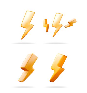 Güç, enerji ve hızı temsil eden üç boyutlu turuncu yıldırım sembolleri. Kullanıcı arayüzü tasarımı için modern web ve uygulama simgesi seti.