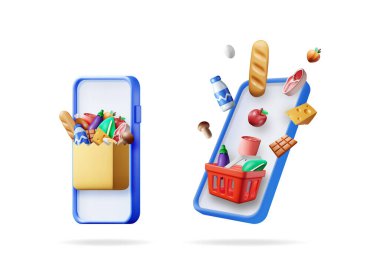 Çevrimiçi market servisi kavramsal 3d vektör seti koleksiyonu akıllı telefonlu. Taze ürünlerle dolu yiyecek sepeti ve kese kağıdı..