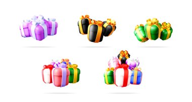 Vektör biçiminde hazırlanmış 3D hediye kutusu koleksiyonu. Bayram kutlaması için şirin bir çizgi film tarzı hediye. 3d vektör illüstrasyon kümesi koleksiyonu.