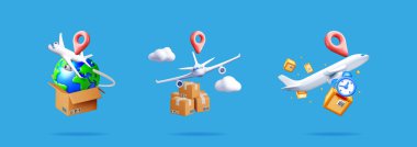 Küresel ekspres teslimatı, hızlı hava kargosunu ve zamanında nakliye servisini tasvir eden üç boyutlu çizimler..