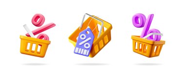 Üzerinde indirim etiketi ve yüzde işareti olan 3 boyutlu bir alışveriş sepeti. Satışlar, web ve uygulama tasarımları için e-ticaret pazarlama unsurları.