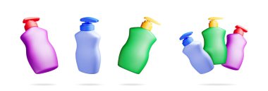 Değişik renkli pompa şişelerinden oluşan bir koleksiyon kaprisli bir 3 boyutlu illüstrasyon. Ev ve hijyen ürünleri reklamları için temizlik malzemesi konsepti.