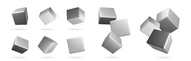 Havada süzülen gri kübik formların 3 boyutlu vektör kümesi. Tasarım elemanı ve arkaplan için geometrik şekiller. Soyut 3D model çizimi.