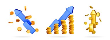 Beyaz arkaplanda şifreli para değişimi için uçan ve büyüyen oklu sikkelerin büyümesini gösteren 3D resimleme.