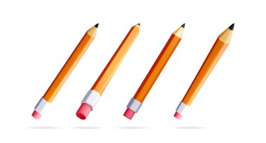 Pembe silgisi olan dört turuncu kalem. Yazmak ve çizmek için okula veya eğitime geri dön.