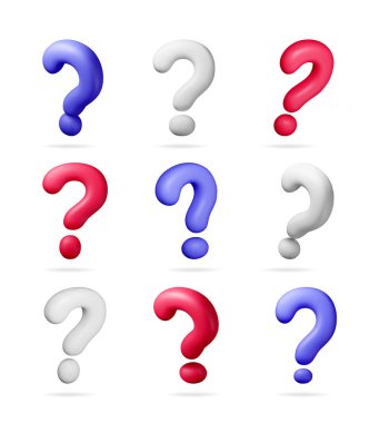 3 boyutlu soru işaretli sembollerin kırmızı, beyaz ve mavi renklerde toplanması. SSS, yardım ve problem çözme kavramı.