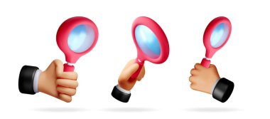 Arama analizi ve araştırma için elinde büyüteç tutan el işi bir adam. Araştırma eğitimi konsepti için 3D eğilim.