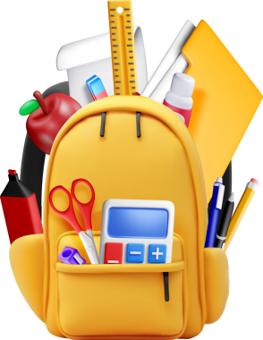 Okul malzemeleriyle dolu renkli 3D sırt çantası