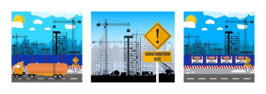 Vinçli, siluetli ve uyarı işaretli üç düz inşaat alanı çizimi. Gayrimenkul geliştirme.