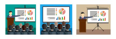 İzleyicilere iş verilerini ekranda sunan bir adam. Finans ve pazarlama için düz tasarım kavramsal illüstrasyon.