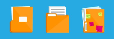 İş ve ofis organizasyonu için turuncu düz dosya klasörü simgeleri. Belgeli dosya dosyaları koleksiyonu.