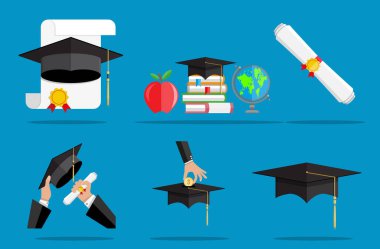 Mezuniyet, eğitim ve bilgi simgeleri. Öğrenci malzemeleri, akademik kapsül, diploma, kitap, elma ve dünya. Öğrenme kavramı.