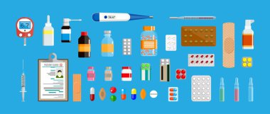Tıbbi araç gereç ve ilaç, sağlık hizmetleri için düz stil ikonları koleksiyonu. Hasta tanısı ve tedavi kavramı.