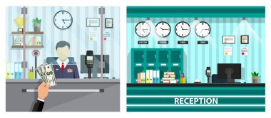 Bankadaki resimde parası olan adam. Banka operasyon servisi. Web afişi için finansal işlem kavramı. Ödeme süreci.