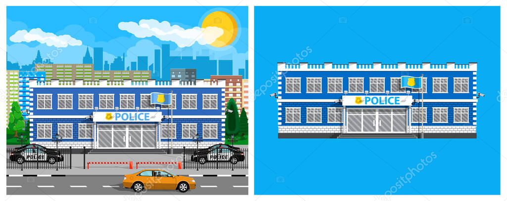 Police station building and urban city landscape with car. Law enforcement department for public safety and security service.