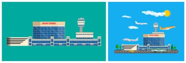 Kontrol kulesi ve seyahat ve ulaşım için uçan uçakları olan bir havaalanı terminalinin düz stil çizimi.