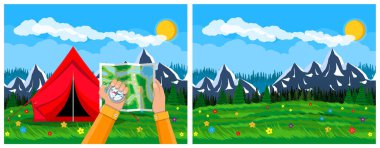 Elinde harita ve pusula tutan bir yürüyüşçünün elleri, arka planda dağ manzaralı kırmızı bir çadırın yanında. Seyahat ve macera konsepti.