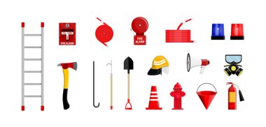 İtfaiyeci ekipmanları düz stil vektör koleksiyonu illüstrasyonunu ayarladı. Acil durum ve kurtarma hizmetleri için yangın güvenlik araçları.