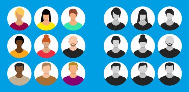 Düz dizaynlı çeşitli erkek ve dişi avatar ikonu. Web ve uygulama arayüzü için kullanıcı profili koleksiyonu.