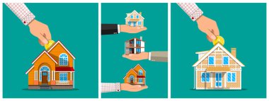 Adam ev yapımına yatırım olarak para koyuyor. Mülkiyet kavramını gösteren çeşitli ev modelleri. Emlakçı yeni bir ev için kır evi satıyor..