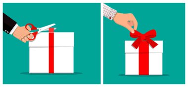 Hediye paketi kurdelesini makasla kesen ve hediye paketi kurdelesi bağlayan bir adam. Tatil hediyesi konsepti. Düz biçim vektör koleksiyonu çizimi.