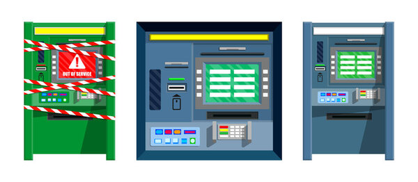 Set of ATM machines. Automatic teller machines, one out of service with striped tape. Banking financial payment system concept for transaction.