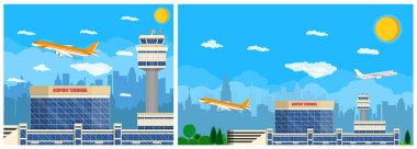 Havaalanı terminali sahnesinde uçak kalkış ve kontrol kulesi var. Küresel taşımacılık endüstrisi için seyahat ve turizm kavramı.