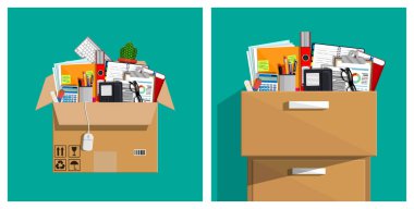 Ofis eşyaları karton bir kutuda ve dolapta taşınmayı, yer değiştirmeyi ya da iş değişikliğini simgeliyor..