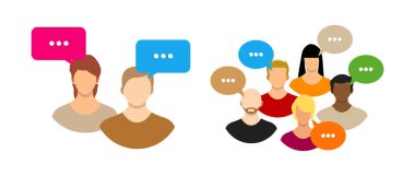 Kadın ve erkek konuşma baloncuklarıyla iletişim kurar. Konuşan ve diyalog kuran bir grup insan. Çevrimiçi sohbet, sosyal ağ.