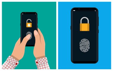 Parmak izi tanıma sistemli akıllı telefonu tutan adam. Cep telefonu erişimi için biyometrik güvenlik doğrulama teknolojisi.