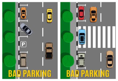 Şehir bilgisi veya ehliyet kursu için kötü park yeri örneklerini gösteren araba park durumlarının üst görünümü.