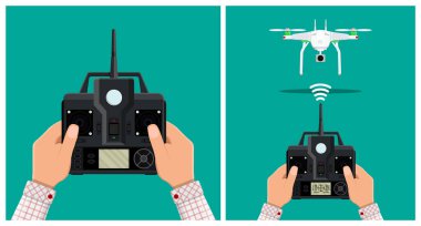 İnsansız hava aracı için uzaktan kumanda. Kuadrokopter ya da uçak pilotu. Teknoloji ve eğlence konsepti.