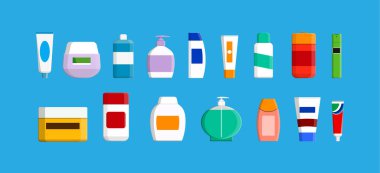 Kişisel bakım ve kozmetik ürün kapları koleksiyonu. Paketleme tasarımı için güzellik ve hijyen düz stil çizimi.