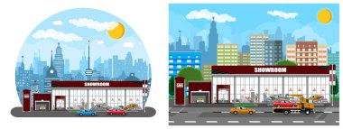 Modern şehir silueti olan araba galerisi binası. Yeni araç mağazası. Galeri işletme konsepti için düz stil vektör illüstrasyonu.