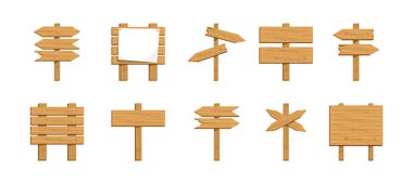 Tahta dokusu olan bir sürü boş tahta tabela. Boş alanı olan yol işaretleri. İleti ve reklam için bilgi panosu kavramı.